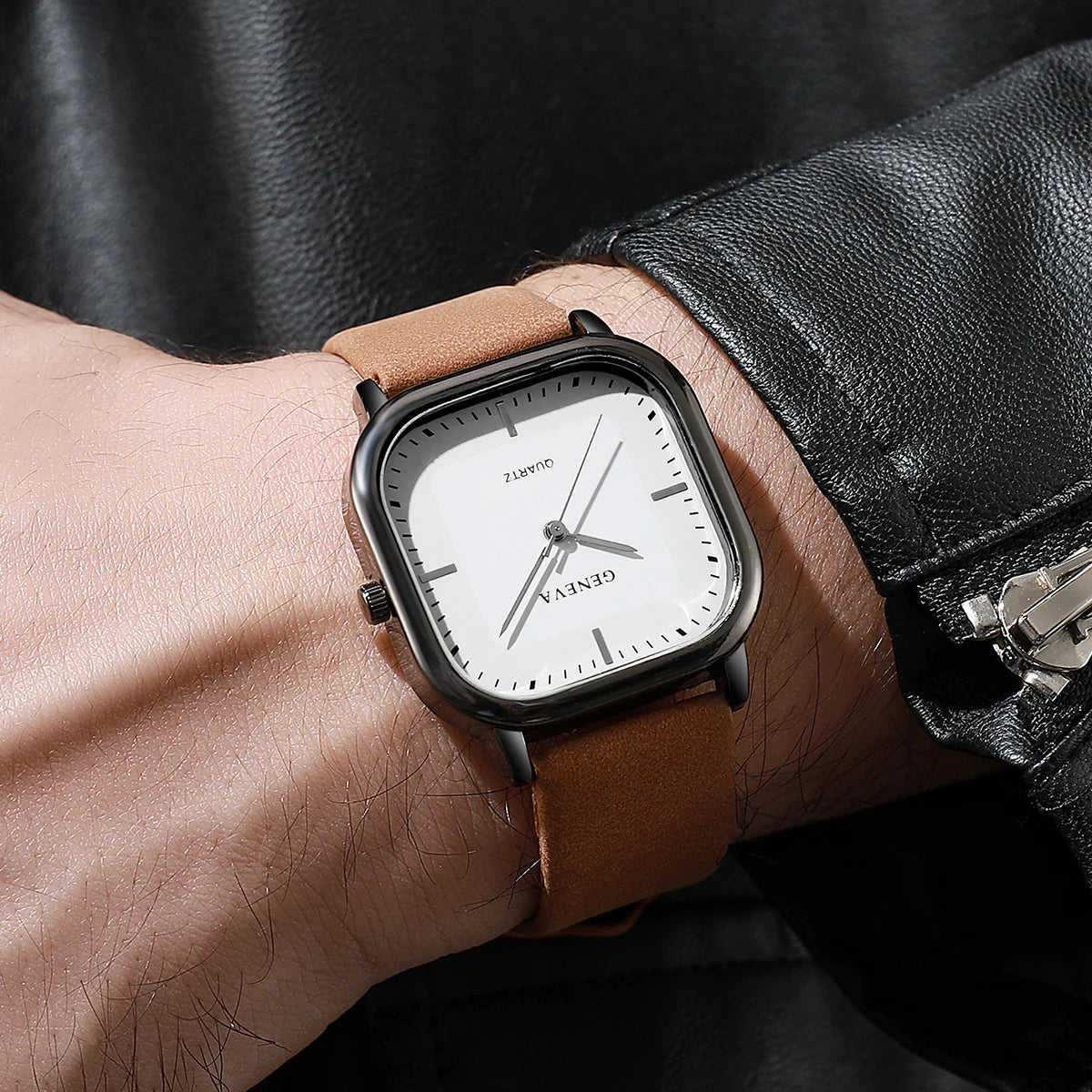 Mode cadran carré montres pour hommes montre à Quartz bracelet en cuir