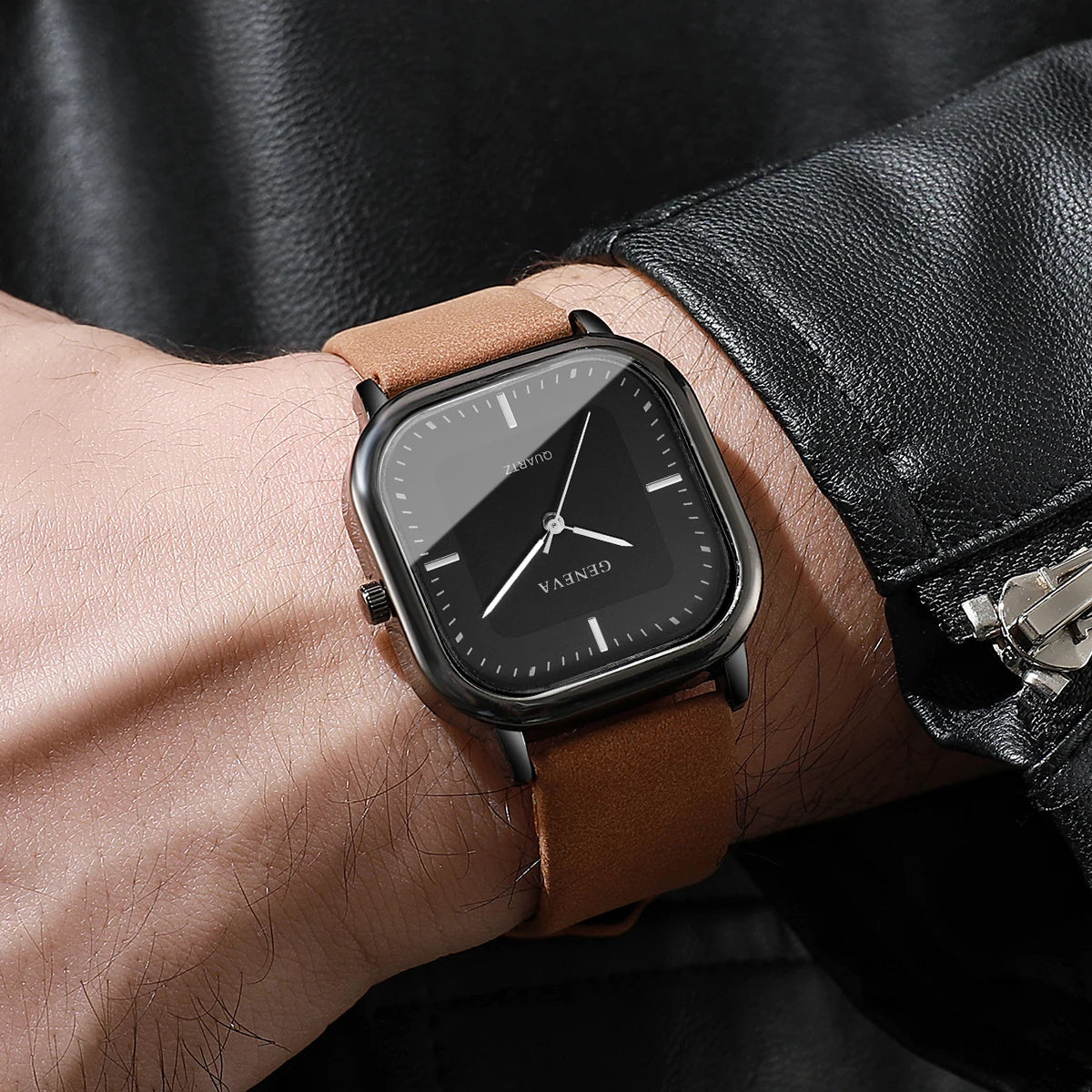 Mode cadran carré montres pour hommes montre à Quartz bracelet en cuir